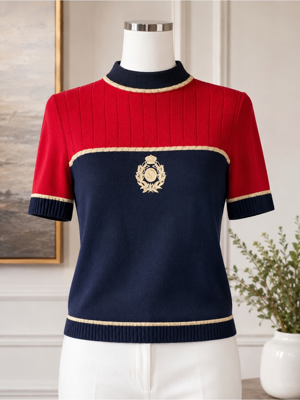 St. John Collection Nautical Crest Knit Top Red Navy Gold Short Sleeve L